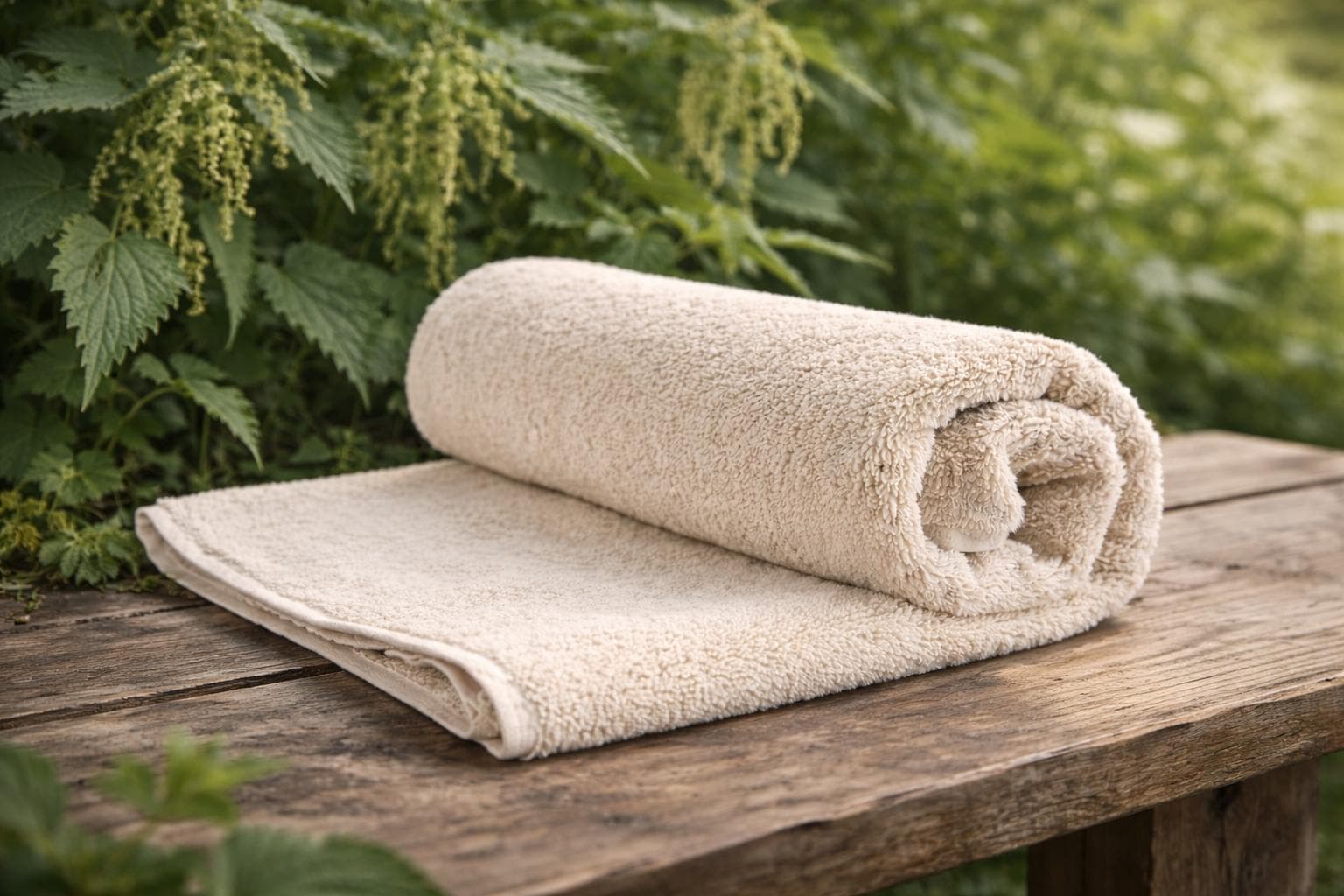 Rolled natural-colour Urtica towel on a wooden surface with nettle plants in the background.